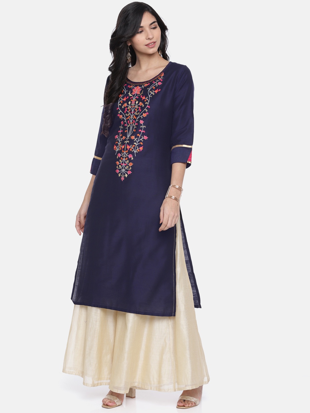 

Span Women Navy Blue Yoke Design Straight Kurta