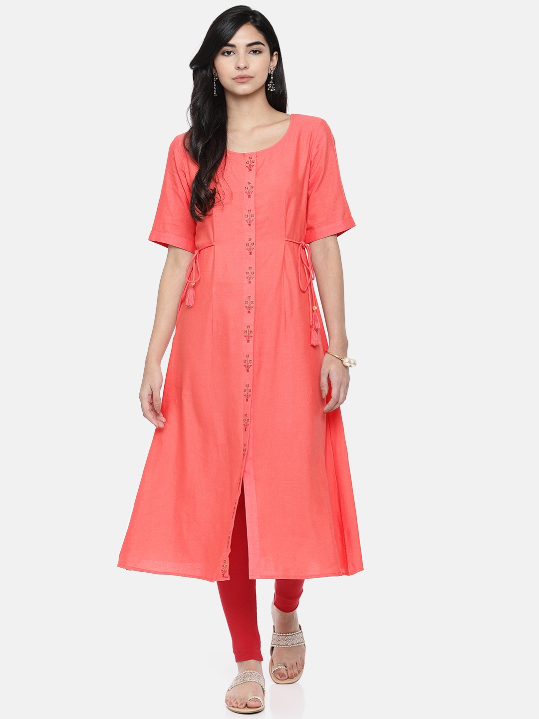 

Span Women Coral Pink Solid A-Line Kurta