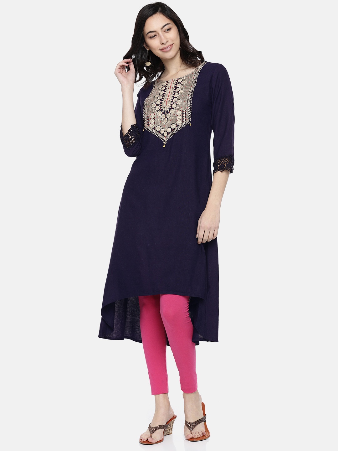 

Span Women Navy Blue Yoke Design A-Line High-Low Hem Kurta