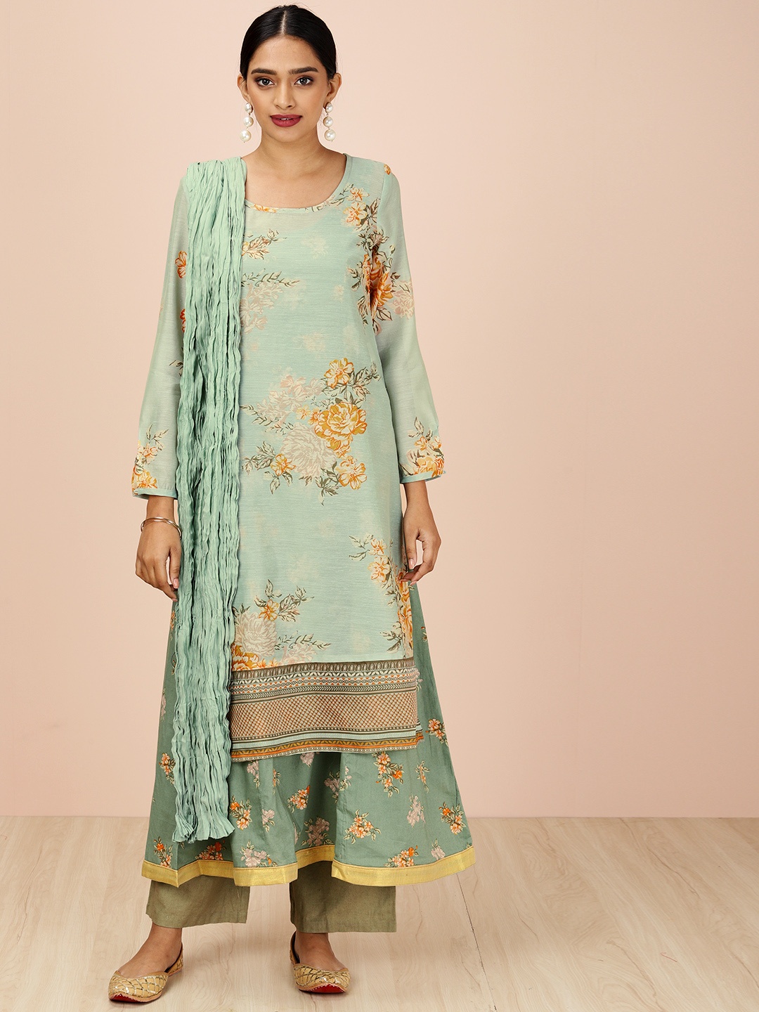 

all about you Women Green Floral Print Layered Kurta with Dupatta