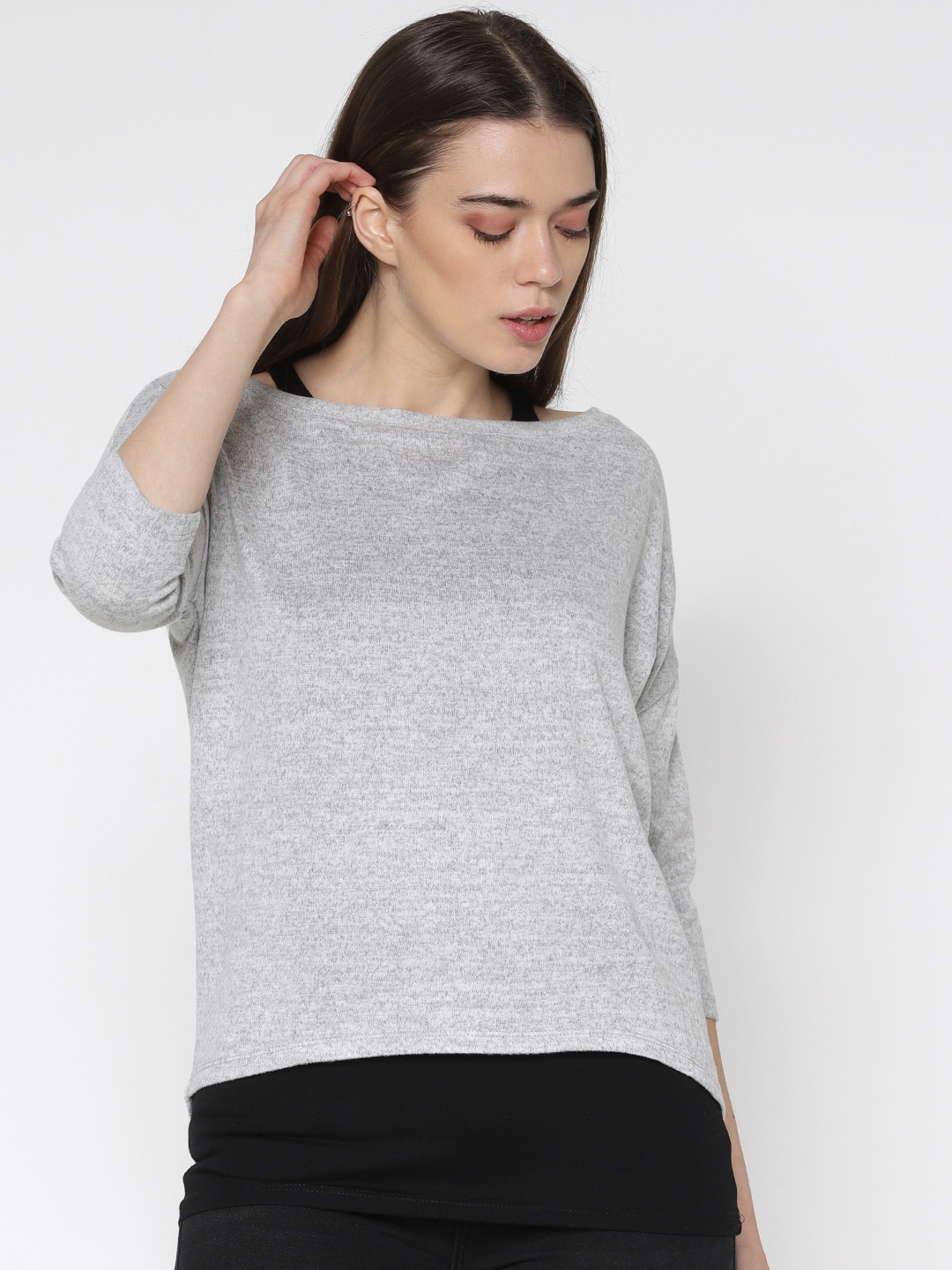 

ONLY Women Grey Melange Self Design Top With an Attached Tank Top