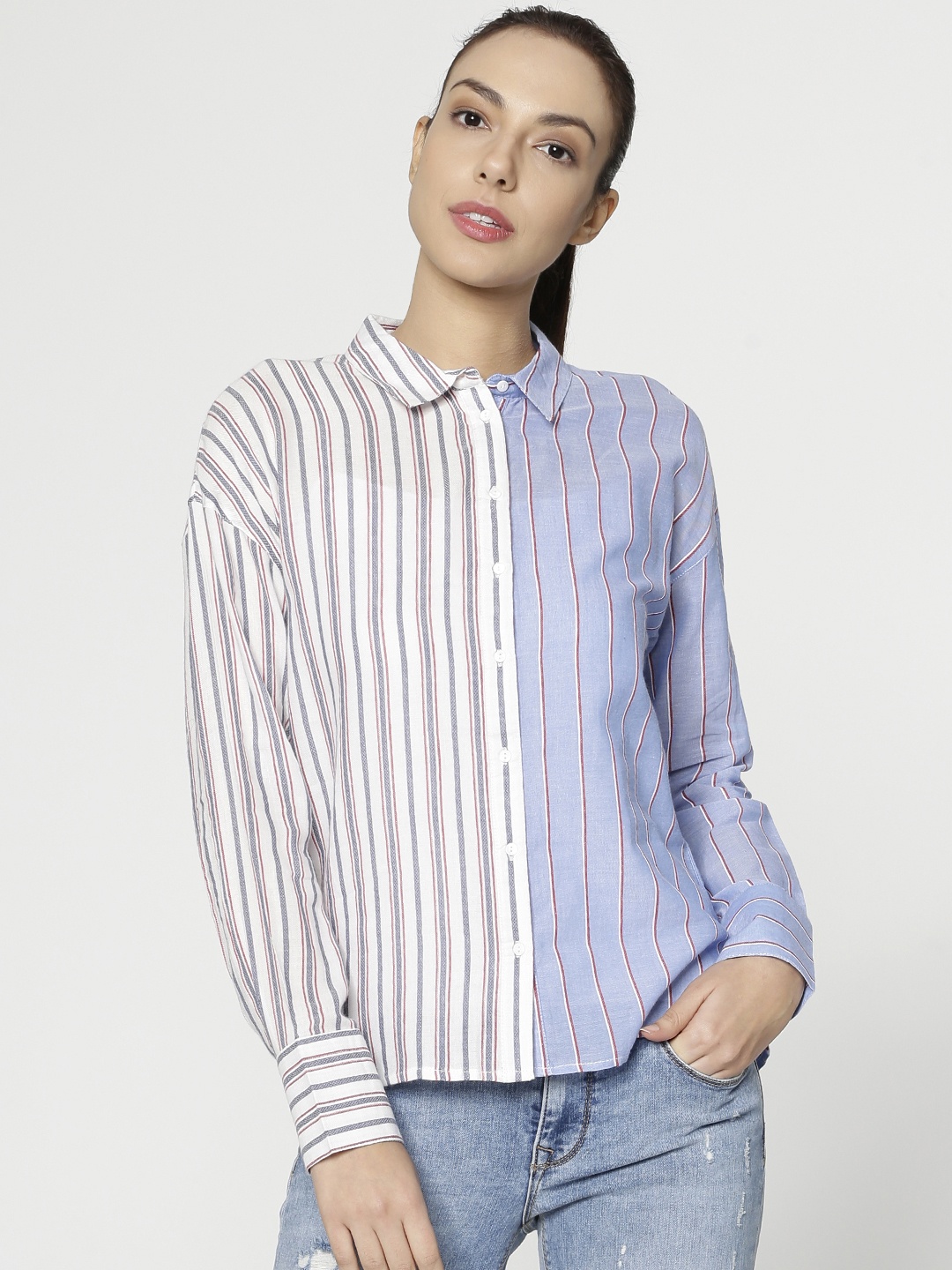 

ONLY Women Blue & White Regular Fit Striped Casual Shirt