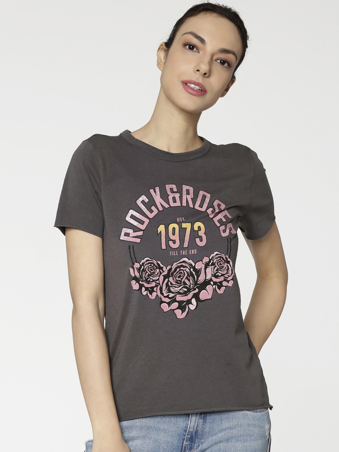 

ONLY Women Grey Printed T-shirt