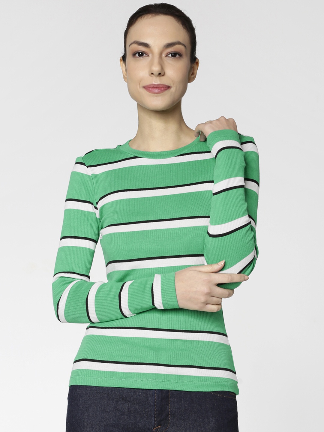

ONLY Women Green & White Striped T-shirt