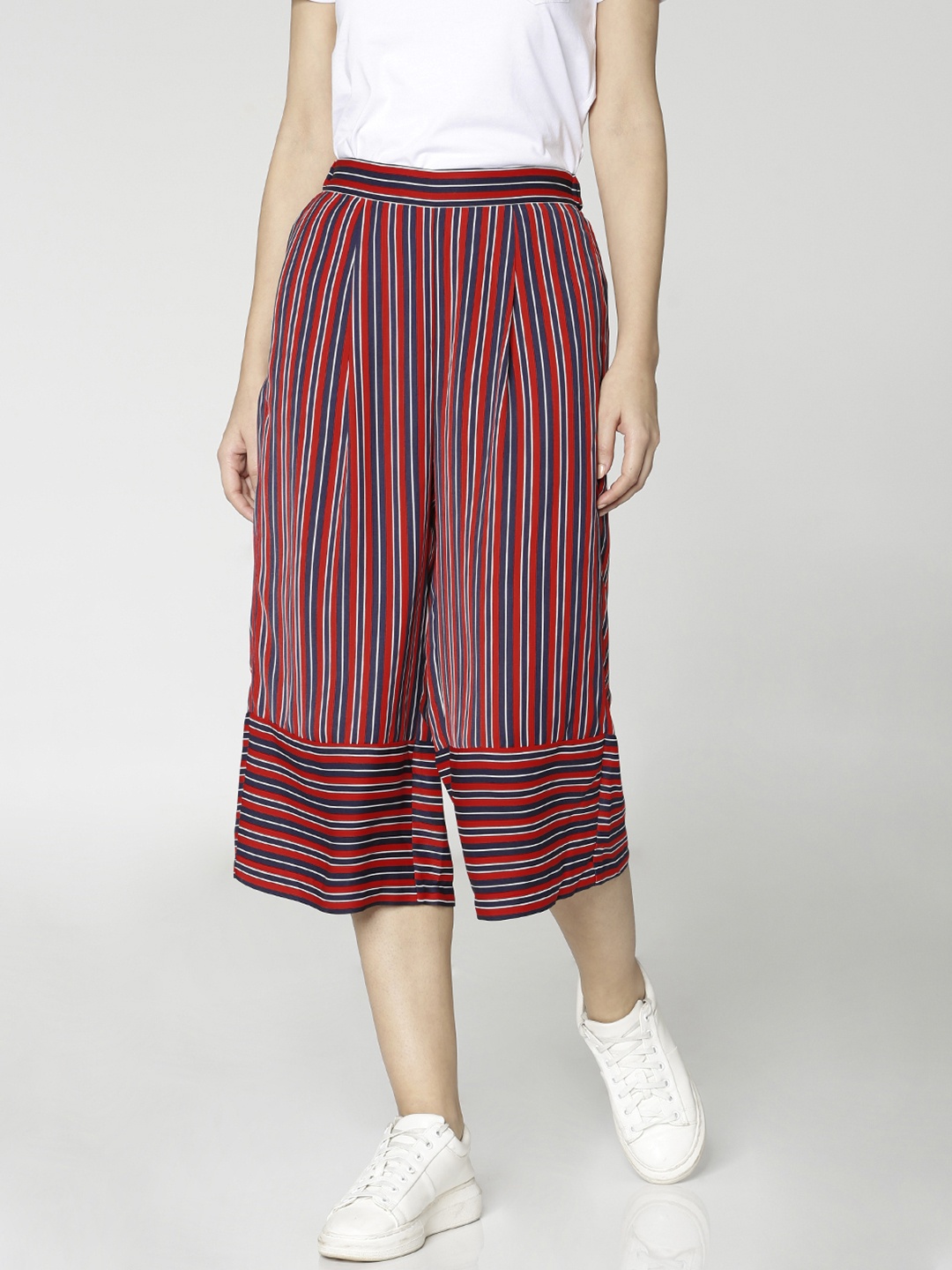 

ONLY Women Navy Blue & Red Loose Fit Striped Culottes