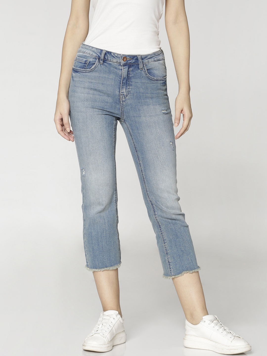 

ONLY Women Blue Straight Fit Mid-Rise Mildly Distressed Stretchable Cropped Jeans