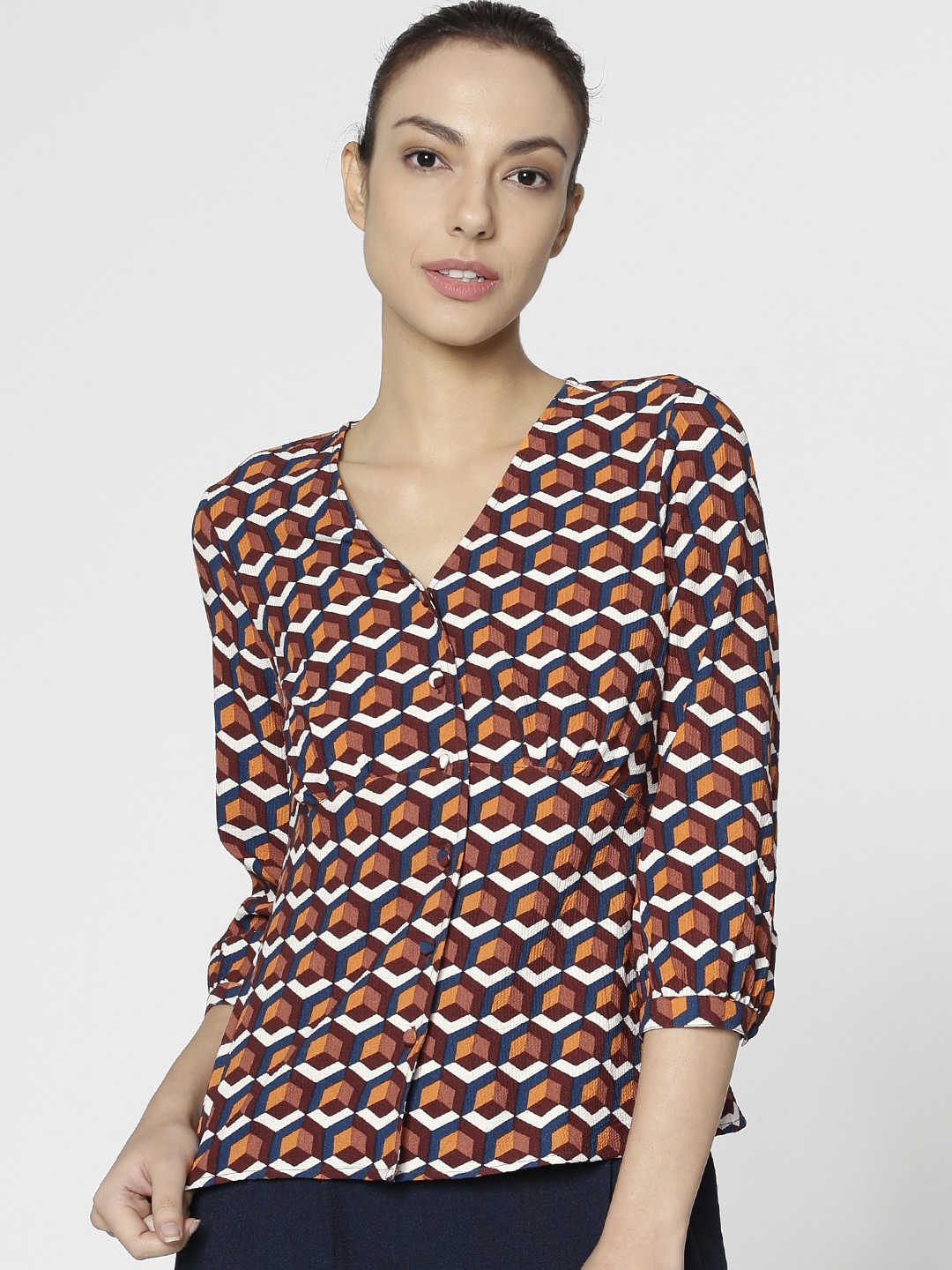 

ONLY Women Brown & White Printed Regular Top