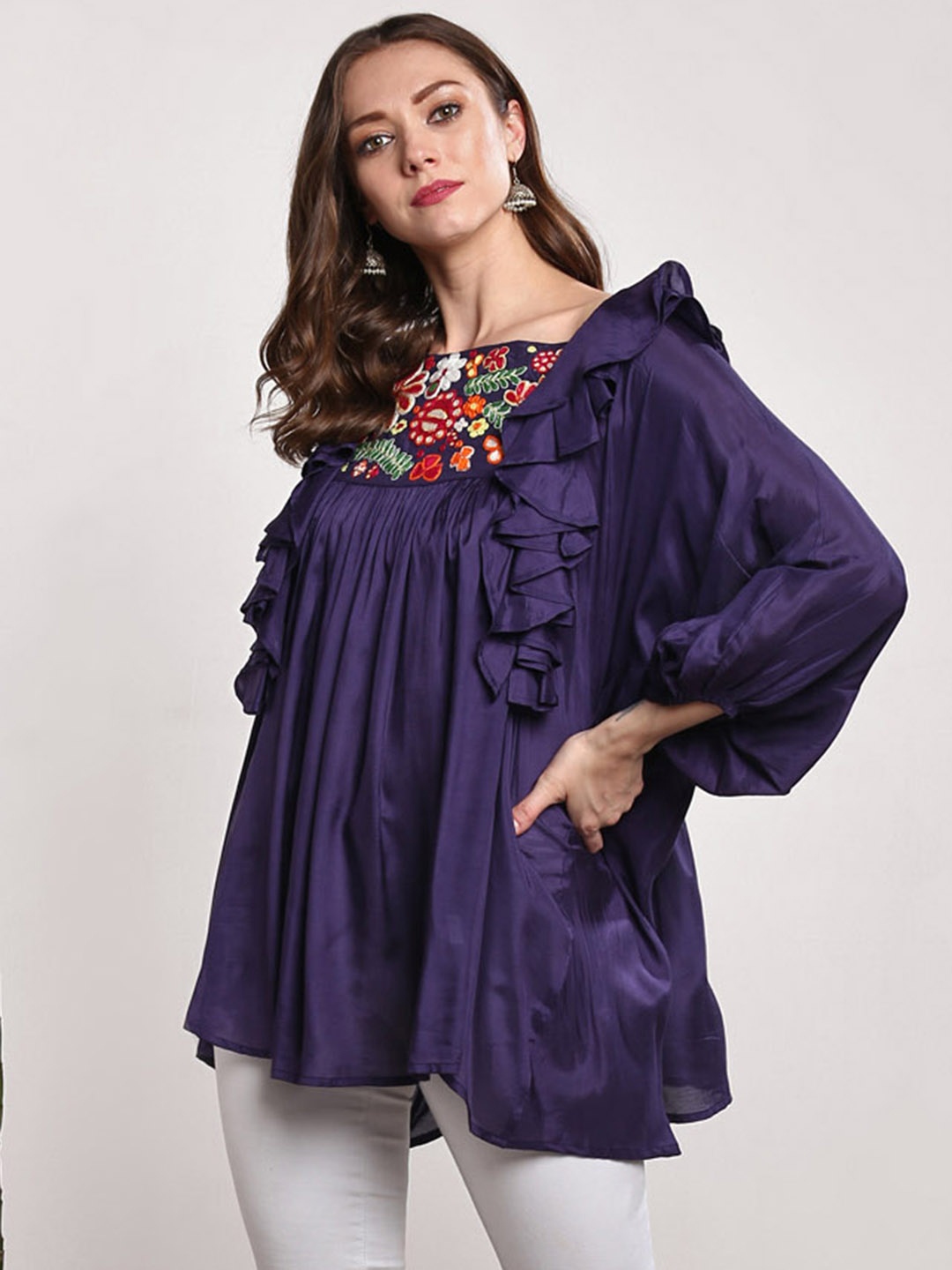 

Sangria Women Purple Embroidered Top