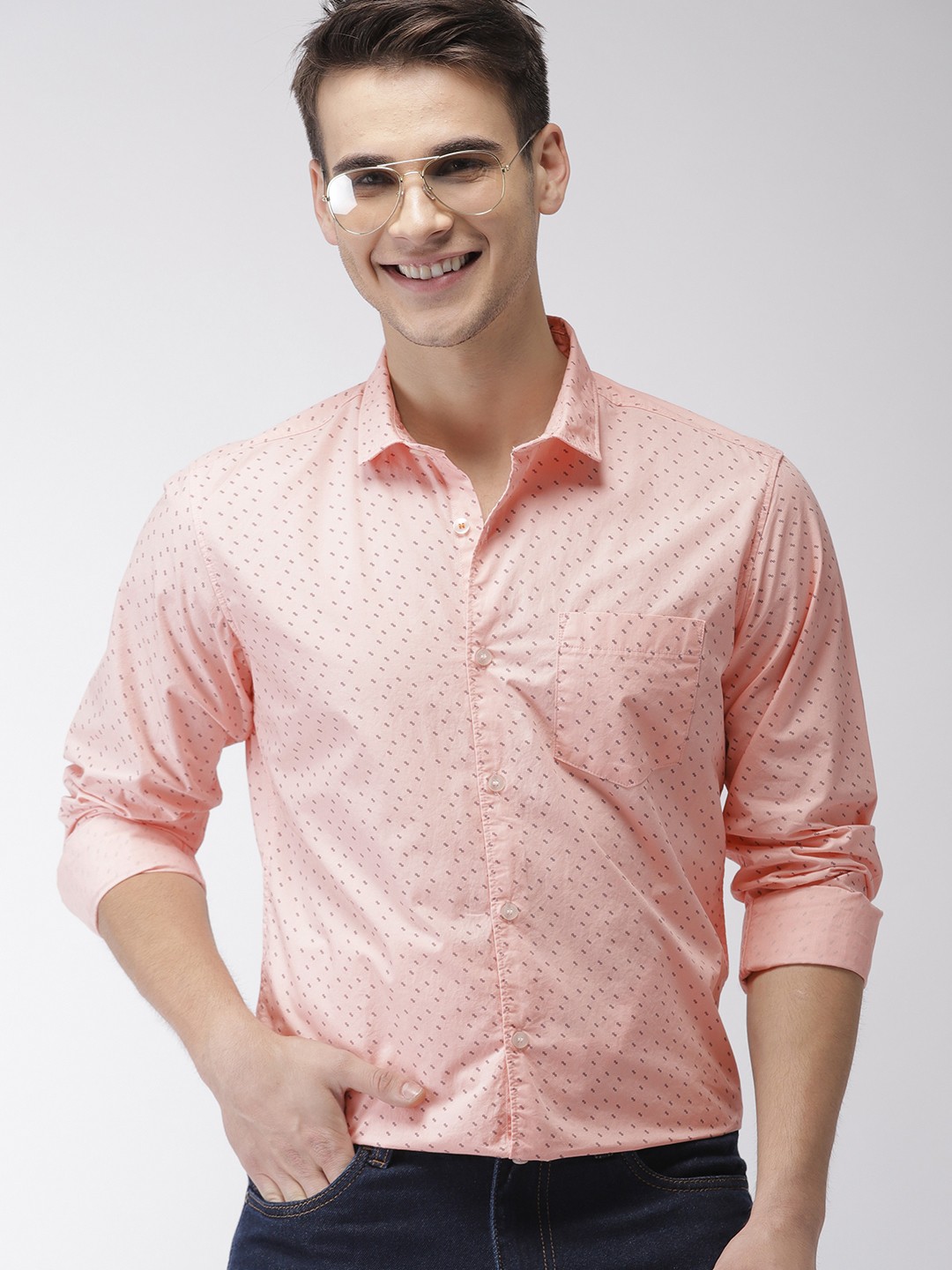 

Mast & Harbour Men Peach-Coloured Slim Fit Printed Casual Sustainable Shirt