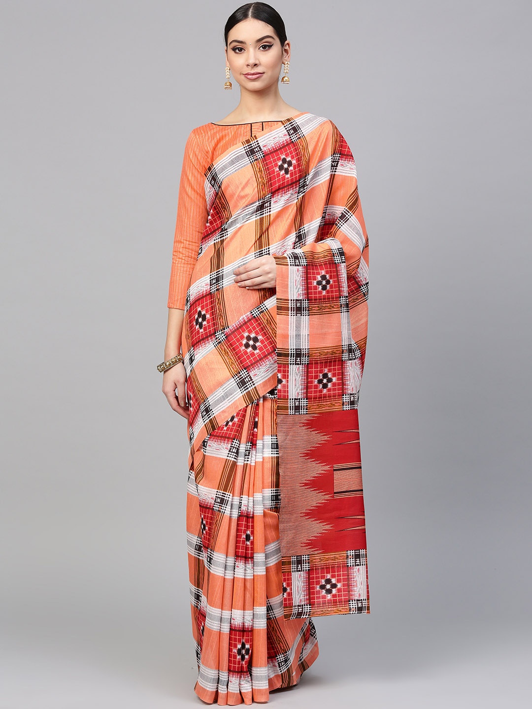 

Saree mall Peach-Coloured Checked Saree with Printed Detail