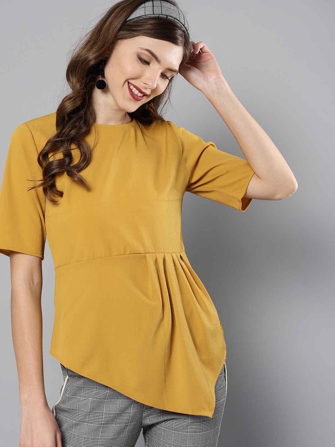 

Marie Claire Women Mustard Yellow Solid A-Line Top