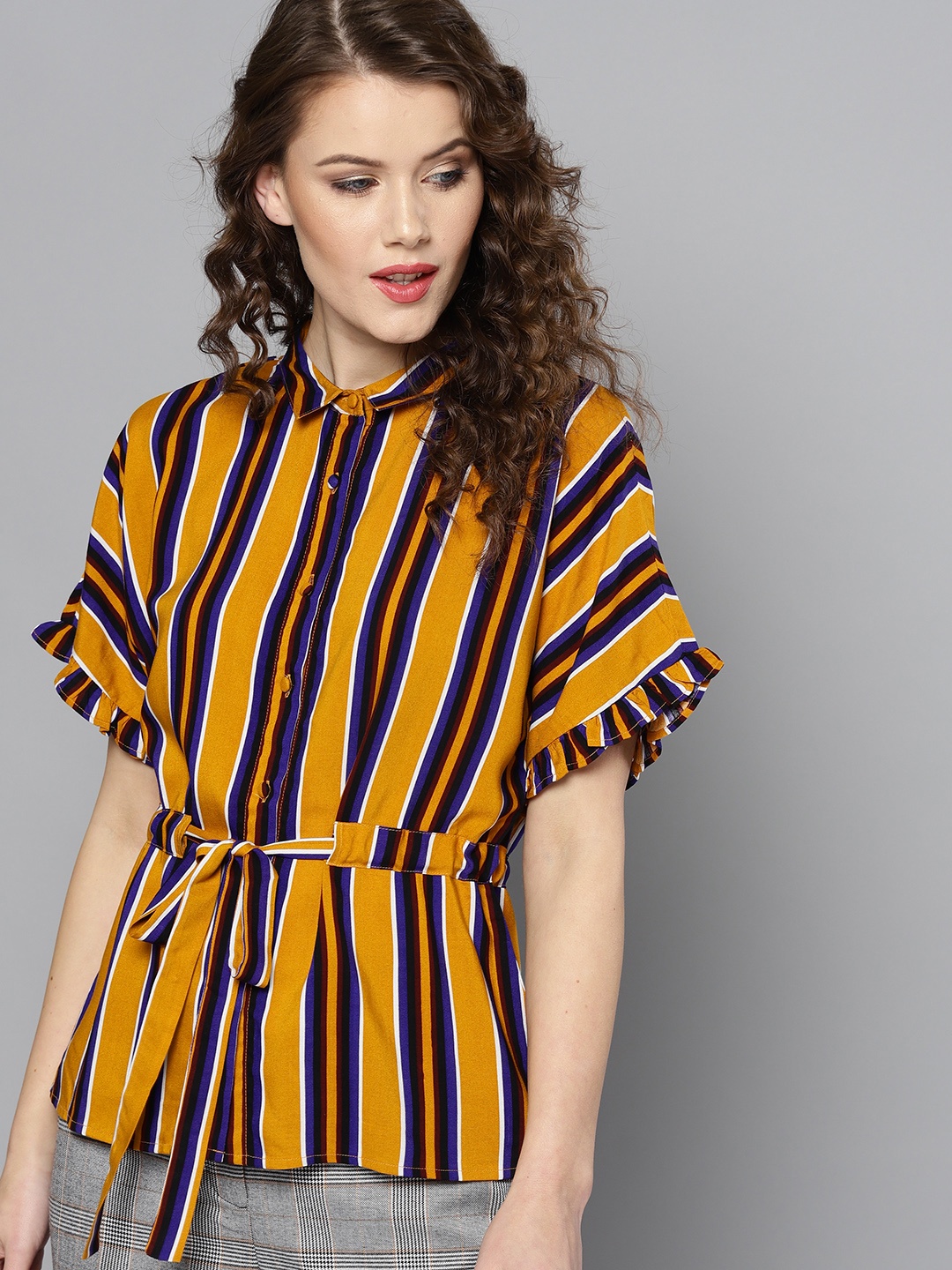 

Marie Claire Women Mustard Yellow & Purple Striped Casual Shirt