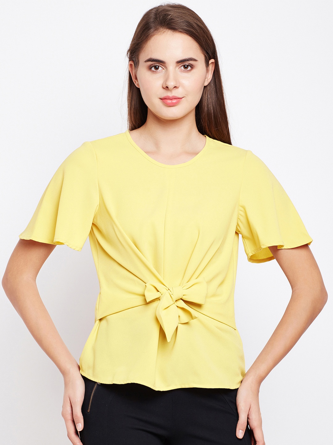 

Oxolloxo Women Yellow Solid Cinched Waist Top