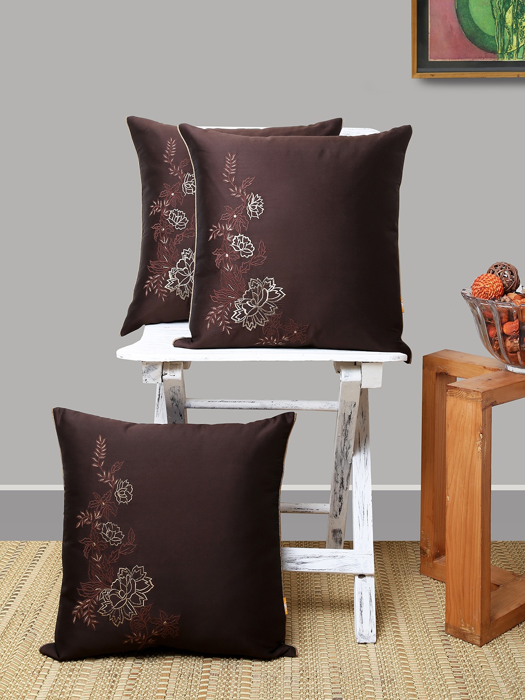 

ANS Brown Set of 3 Floral Square Cushion Covers