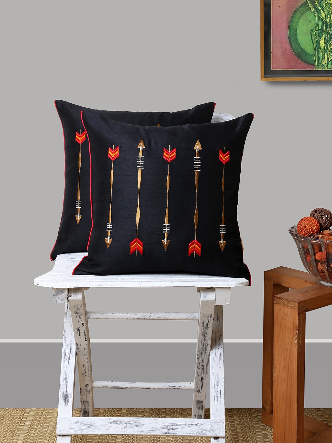 

ANS Black Set Of 2 Embroidered Square Cushion Covers