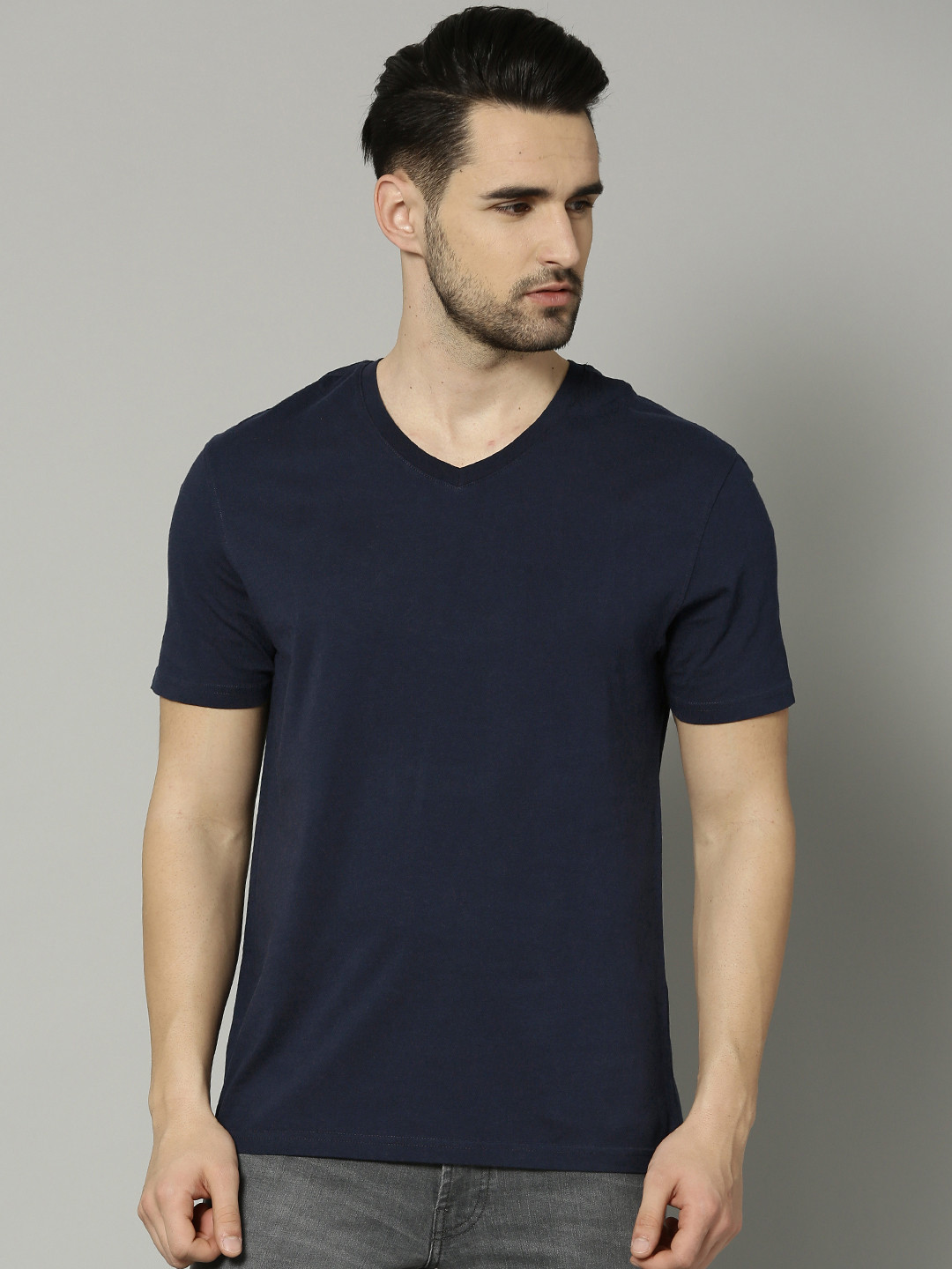 

Marks & Spencer Men Navy Blue Solid V-Neck T-shirt