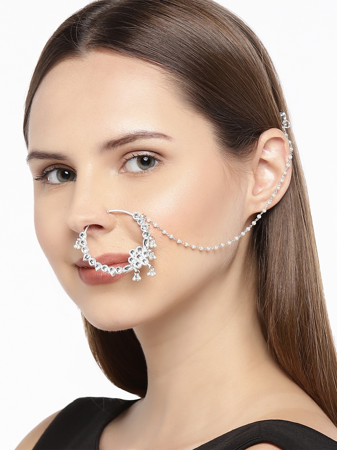 

AccessHer Silver-Toned Gold-Toned Handcrafted Jadau Pachi Kundan Nose Ring
