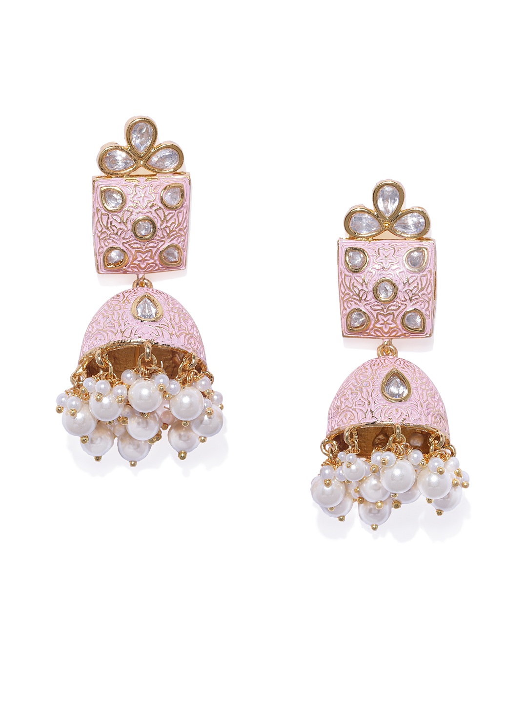 

AccessHer Women Gold-Toned & Pink Dome Shaped Jhumkas