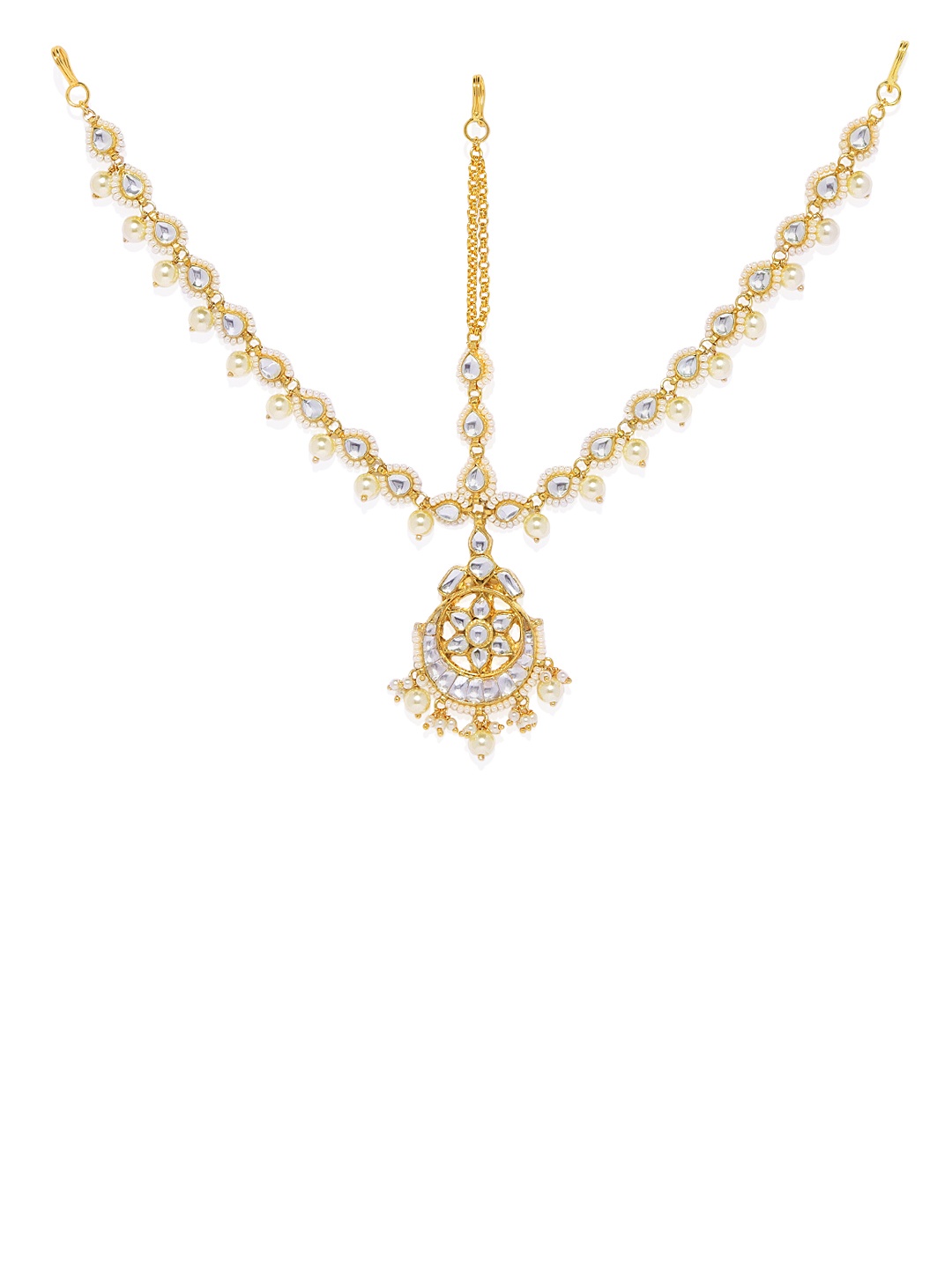 

AccessHer Women Gold-Plated & White Handcrafted Jadau Kundan Chaandbali Style Maang Tika