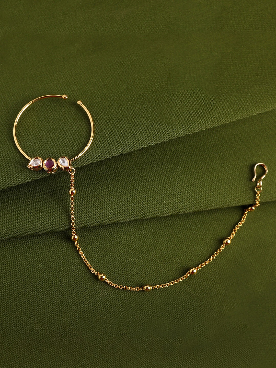 

AccessHer Gold-Plated Handcrafted Kundan Stone-Studded Chained Nose Ring