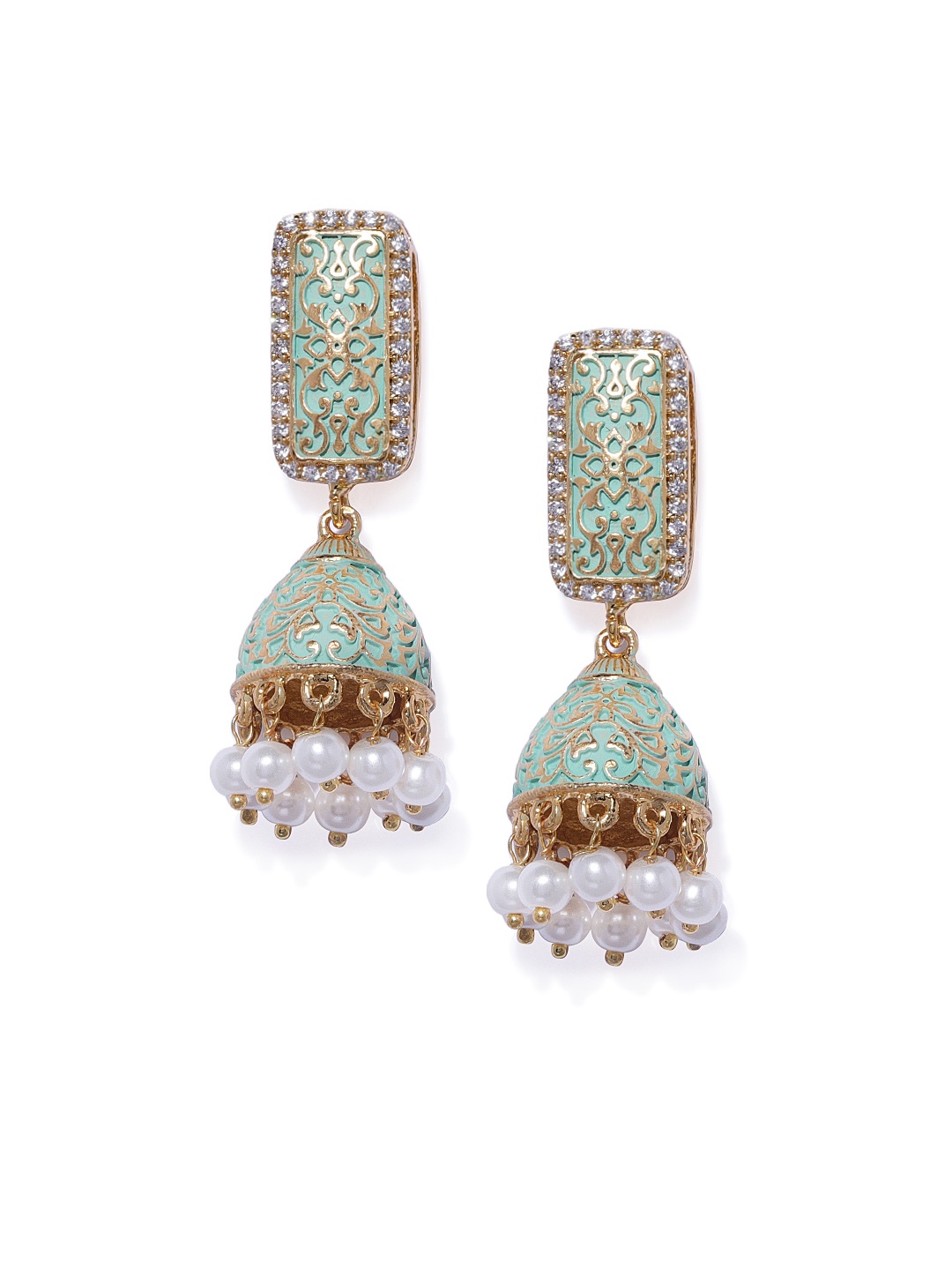 

AccessHer Women Gold-Toned & Green Dome Shaped Jhumkas