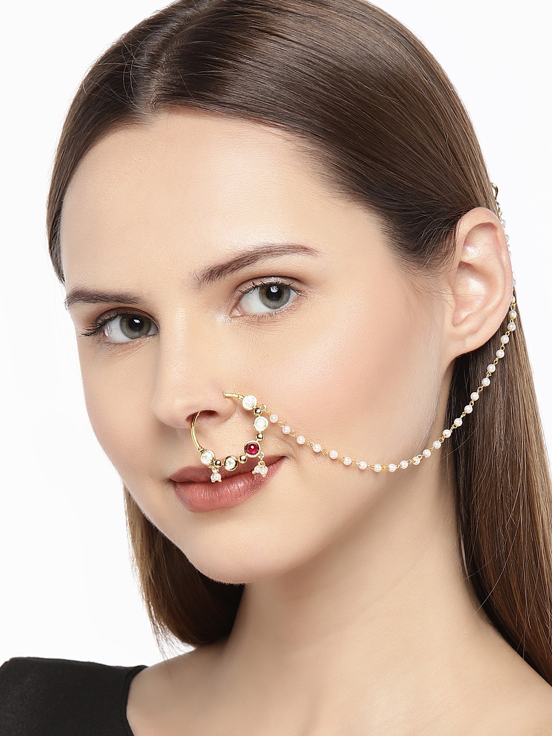 

AccessHer Gold-Toned Handcrafted Faux Ruby Nose Ring With Chain