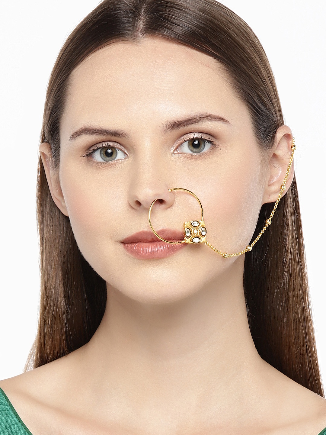 

AccessHer Gold-Plated Handcrafted Kundan Stone-Studded Chained Nose Ring