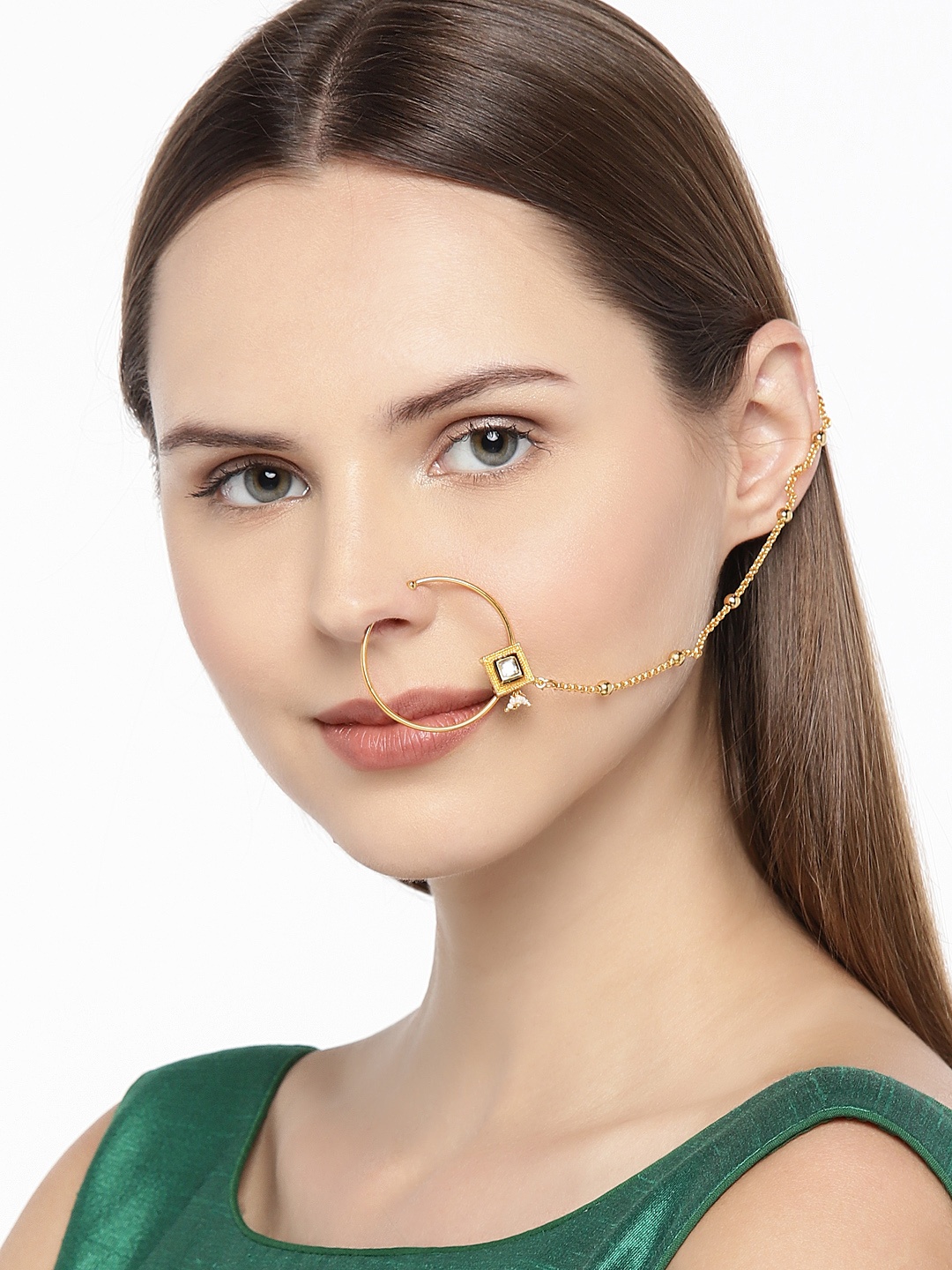 

AccessHer Gold-Plated Handcrafted Kundan Stone-Studded Chained Nose Ring