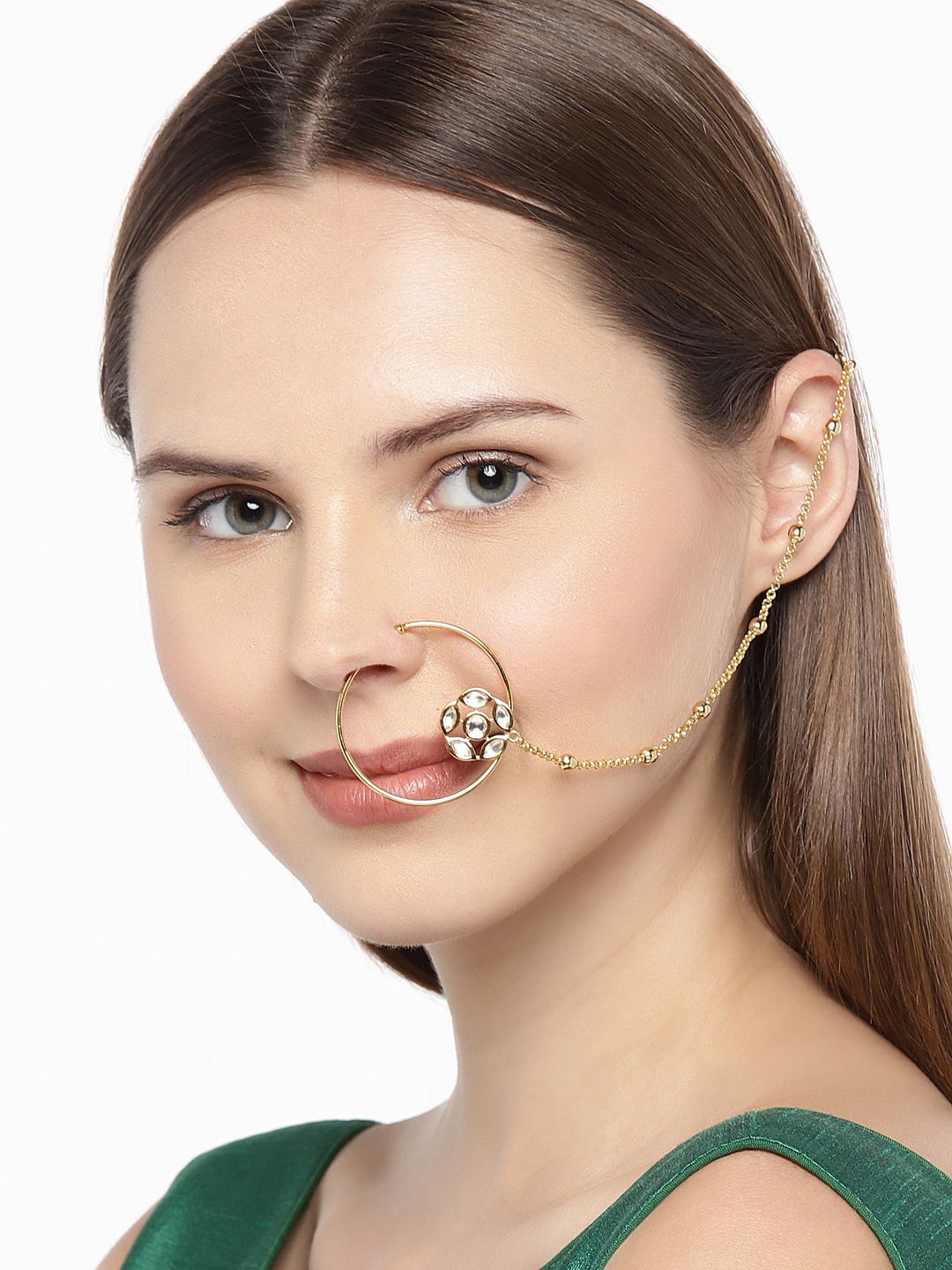 

AccessHer Gold-Plated Handcrafted Kundan Stone-Studded Chained Nose Ring