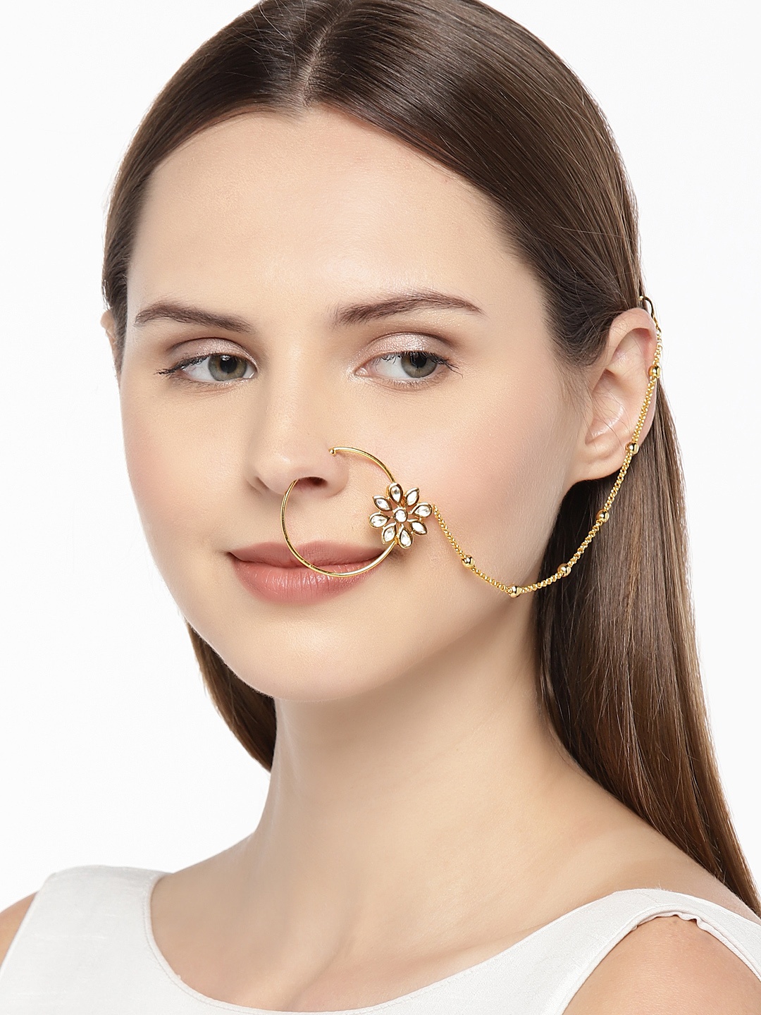 

AccessHer Gold-Plated Handcrafted Kundan Stone-Studded Chained Nose Ring