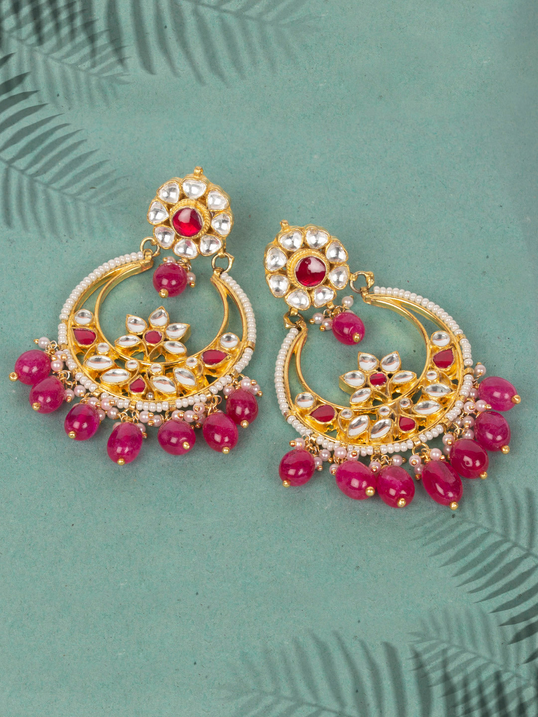 

AccessHer Gold-Plated Jadau Paachi Kundan Oversized Chaandbali Earrings with Ruby