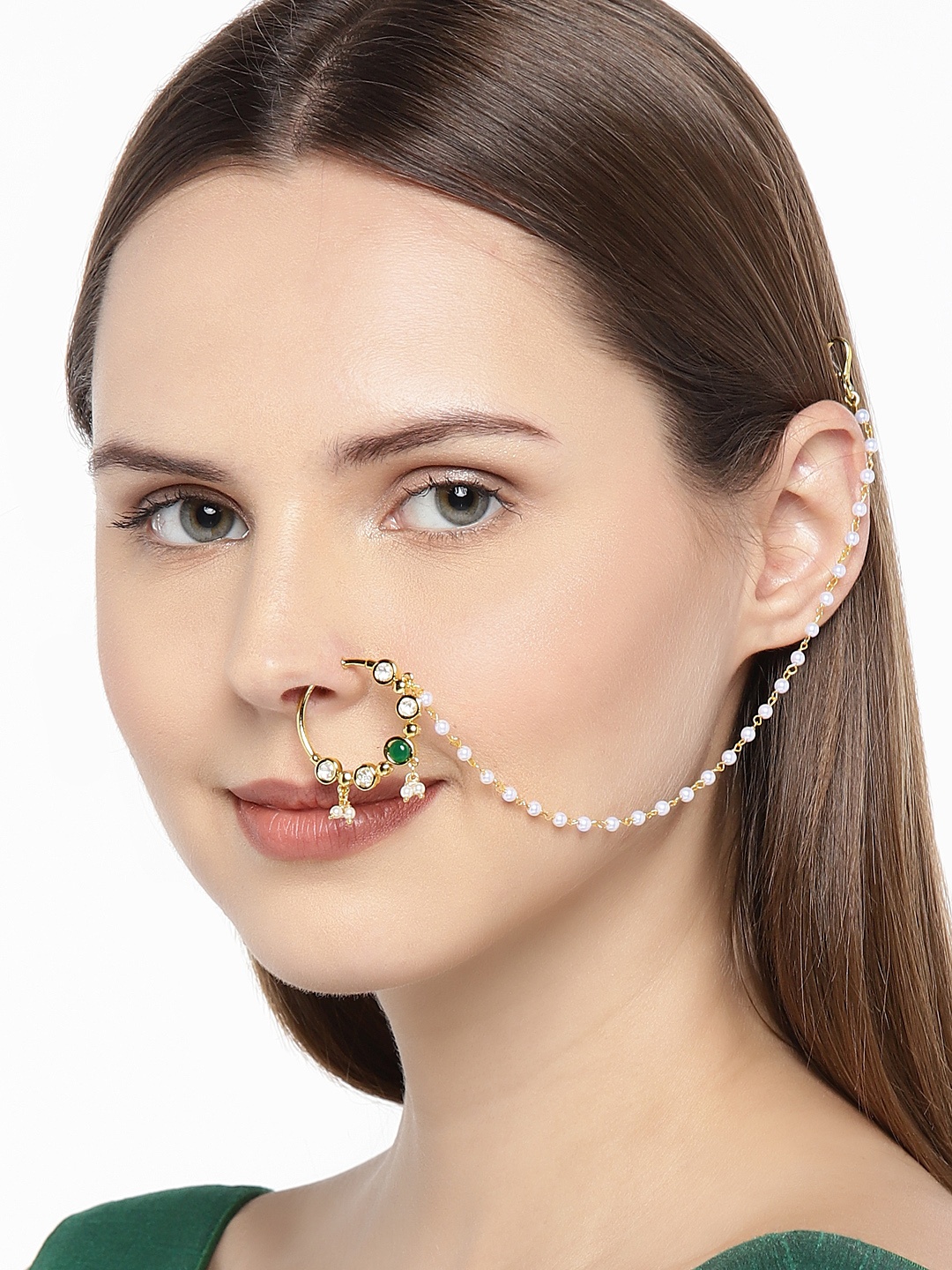 

AccessHer Gold-Plated Handcrafted Kundan Stone-Studded Chained Nose Ring