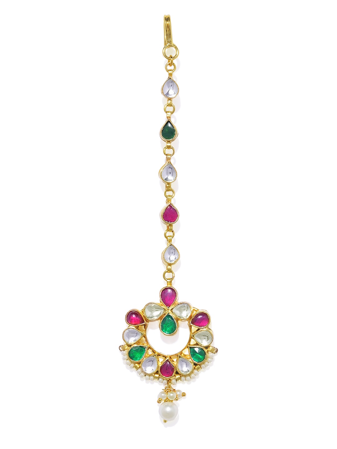 

AccessHer Gold-Plated Jadau Kundan Chaandbali Maang Tikka with Faux Ruby & Emerald