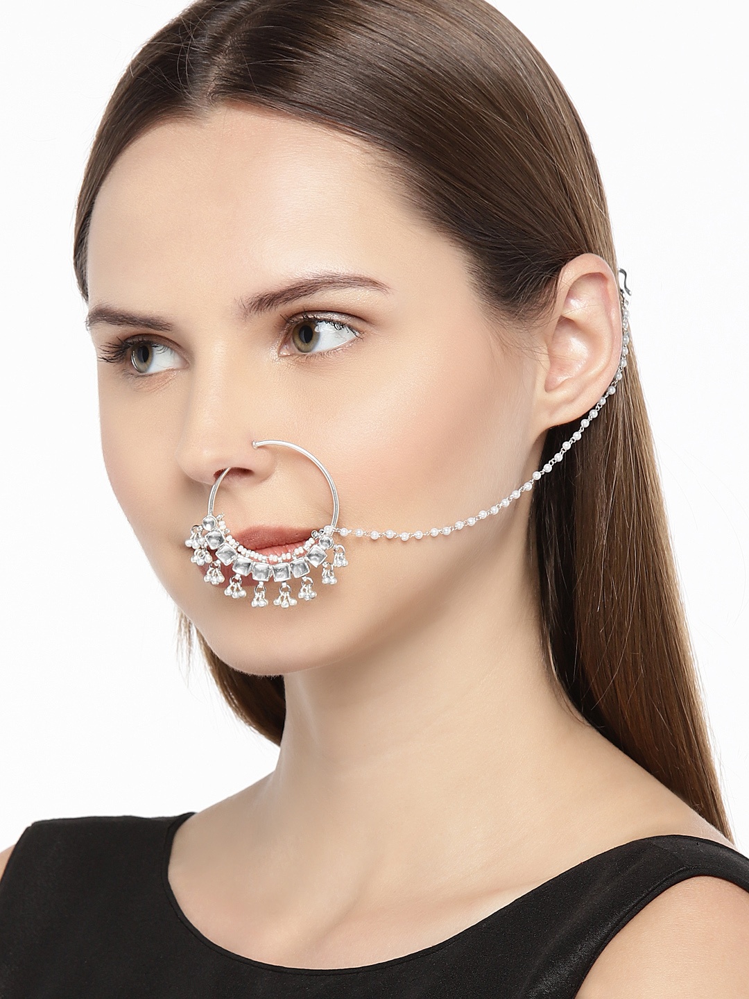 

AccessHer Silver-Toned Handcrafted Jadau Pachi Kundan Nose Ring With Chain