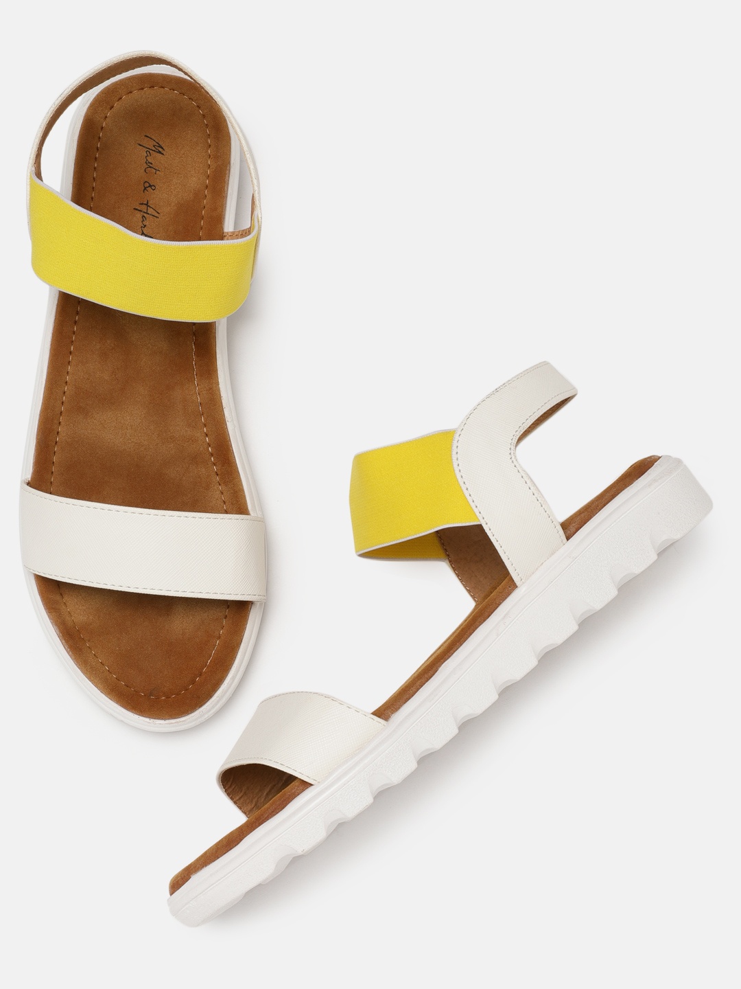 

Mast & Harbour Women White & Yellow Comfort Colourblocked Open Toe Flats