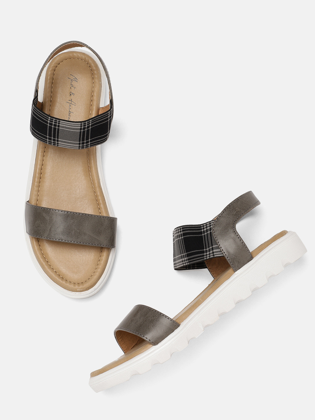 

Mast & Harbour Women Grey & Black Comfort Solid Open Toe Flats