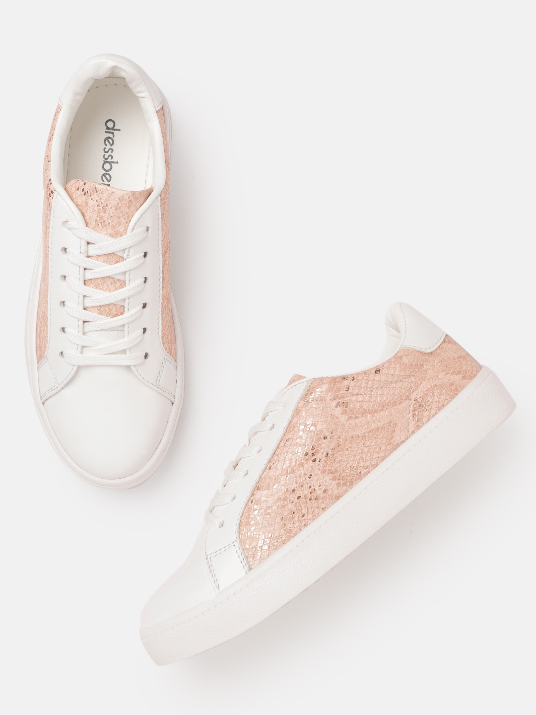 

DressBerry Women White & Peach-Coloured Snakeskin Textured Sneakers