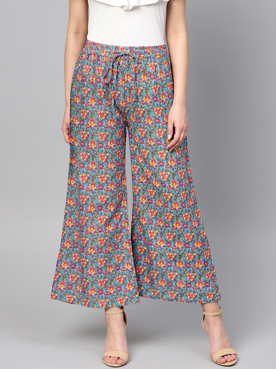

Yufta Women Blue & Pink Printed Wide Leg Palazzos