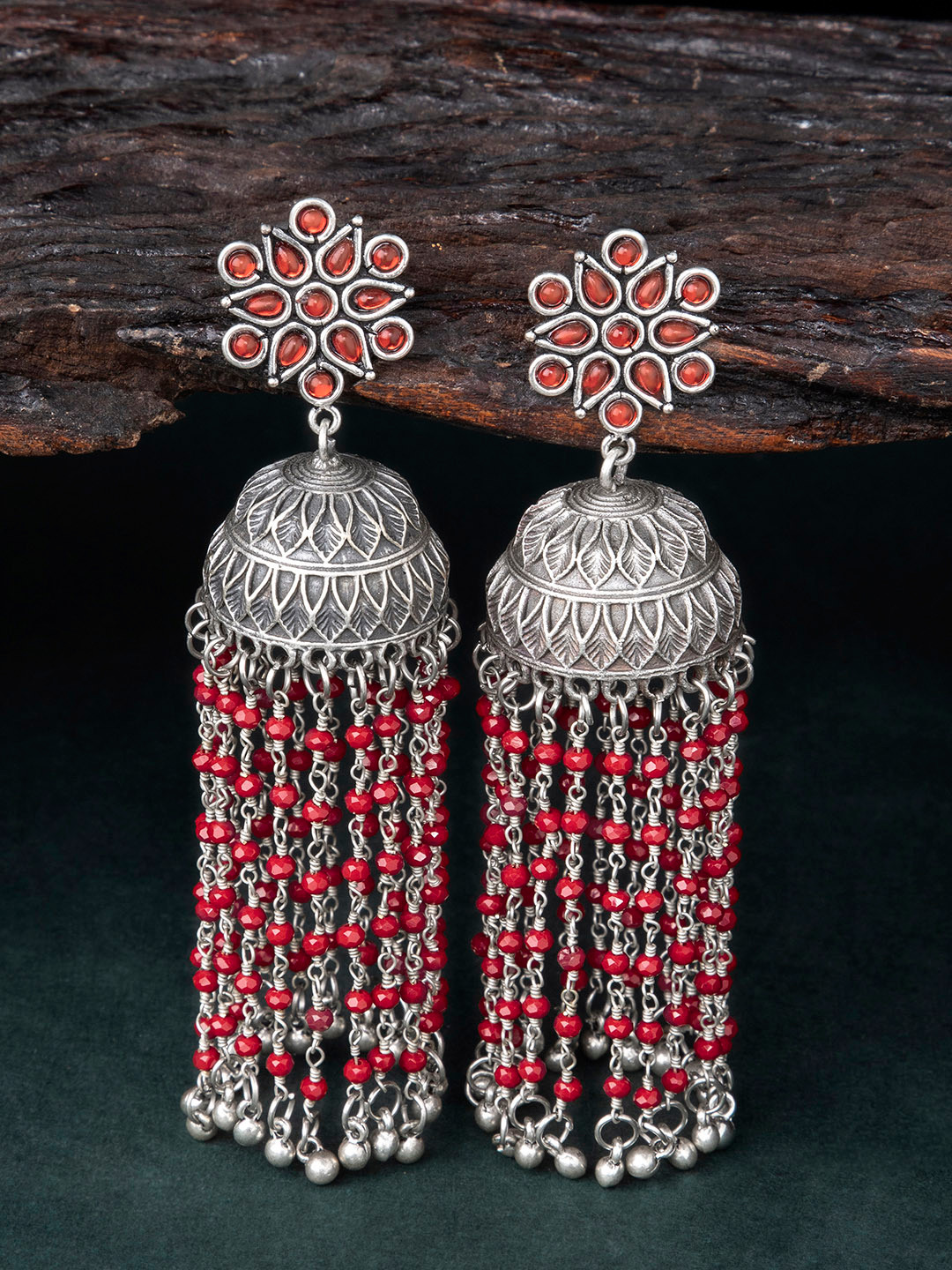 

Rubans Silver-Plated & Red Classic Handcrafted Jhumkas