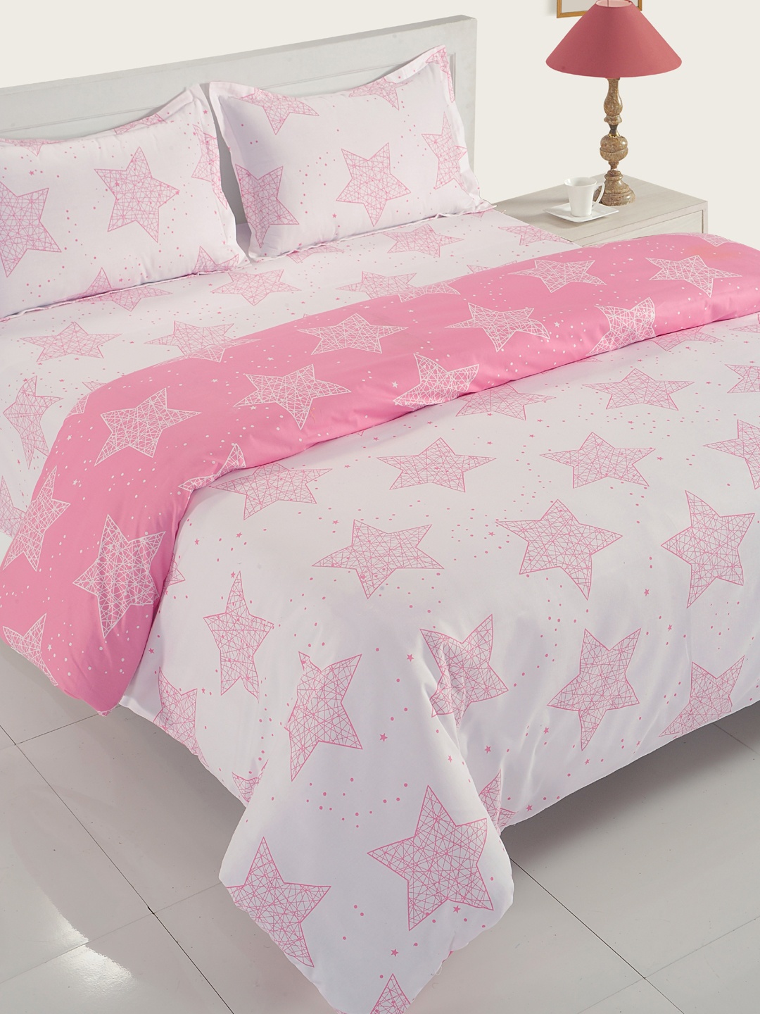 

SWAYAM White & Pink 200 TC Printed Bedding Set