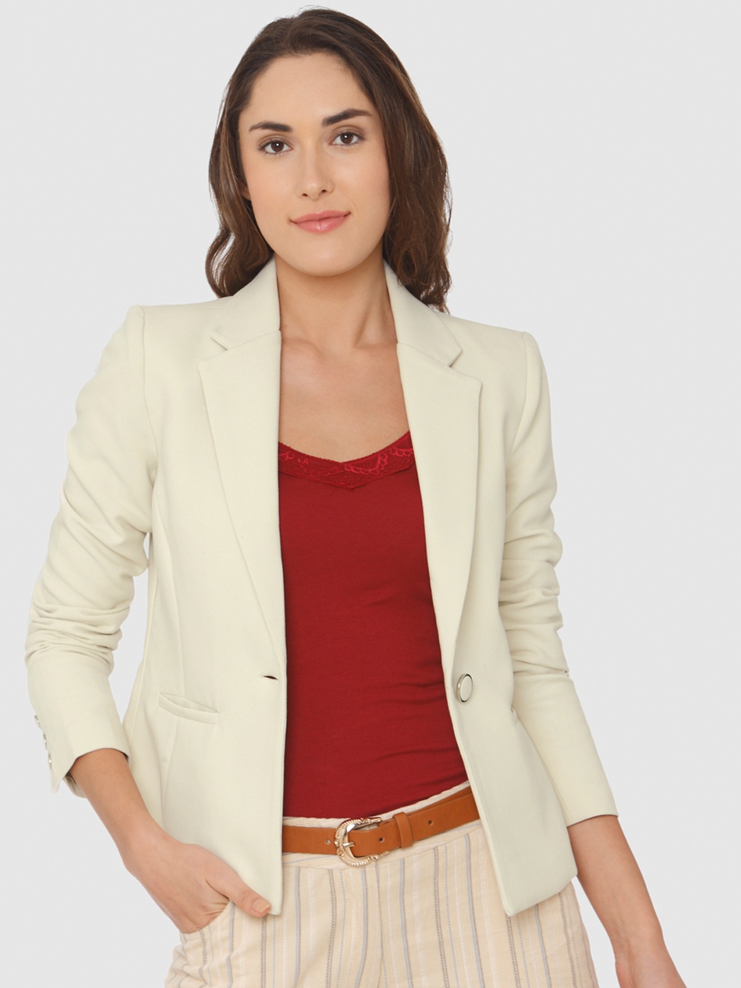 

Vero Moda Women Beige Solid Single-Breasted Blazer