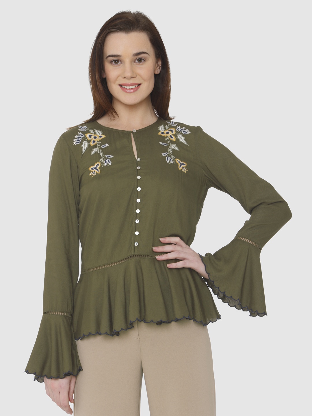 

Vero Moda Women Olive Green Embroidered Peplum Top