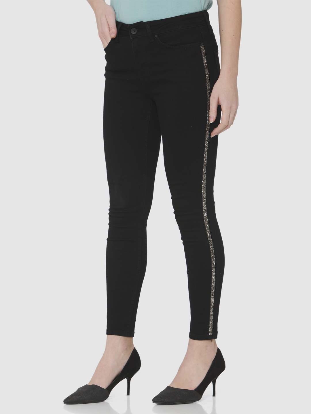 

Vero Moda Women Black Skinny Fit Embellished Side Striped Cropped Jeans
