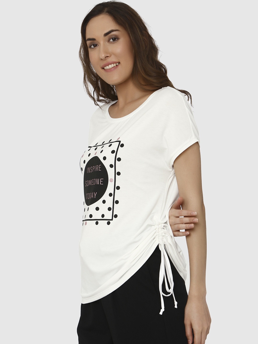 

Vero Moda Women White & Black Printed Round Neck T-shirt