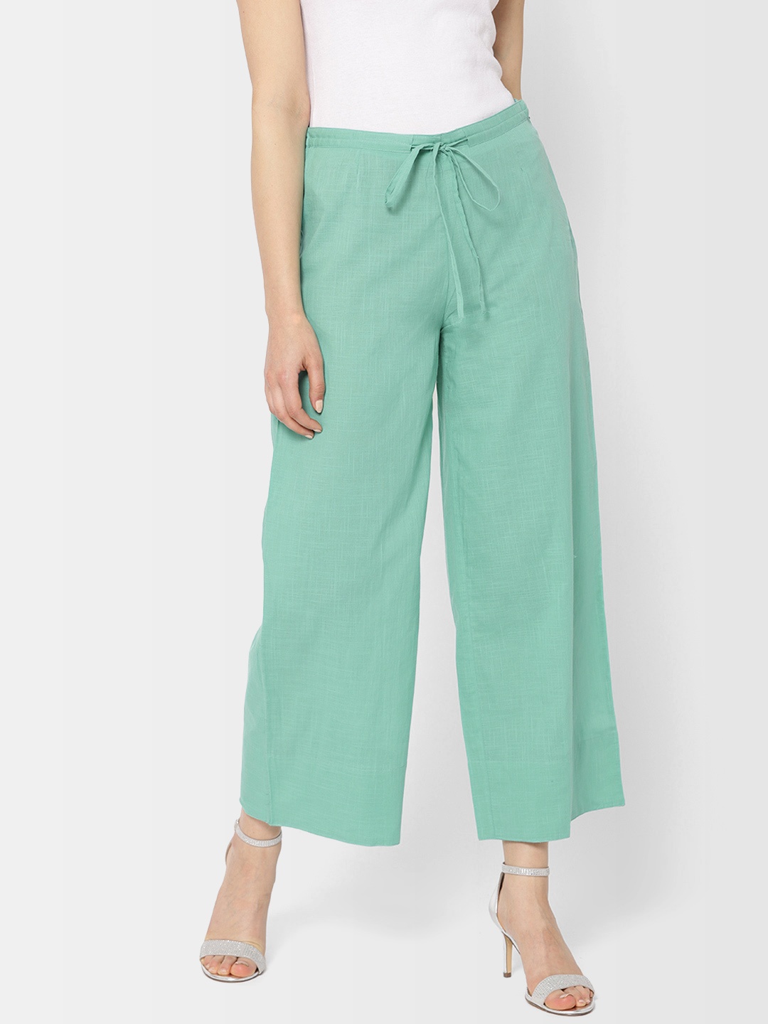

Fabindia Women Green Wide Leg Solid Palazzos