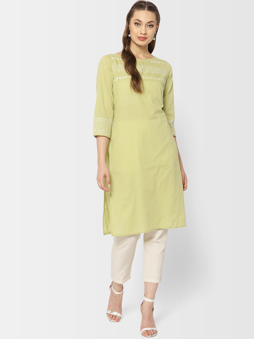 

Fabindia Women Green Solid Straight Kurta
