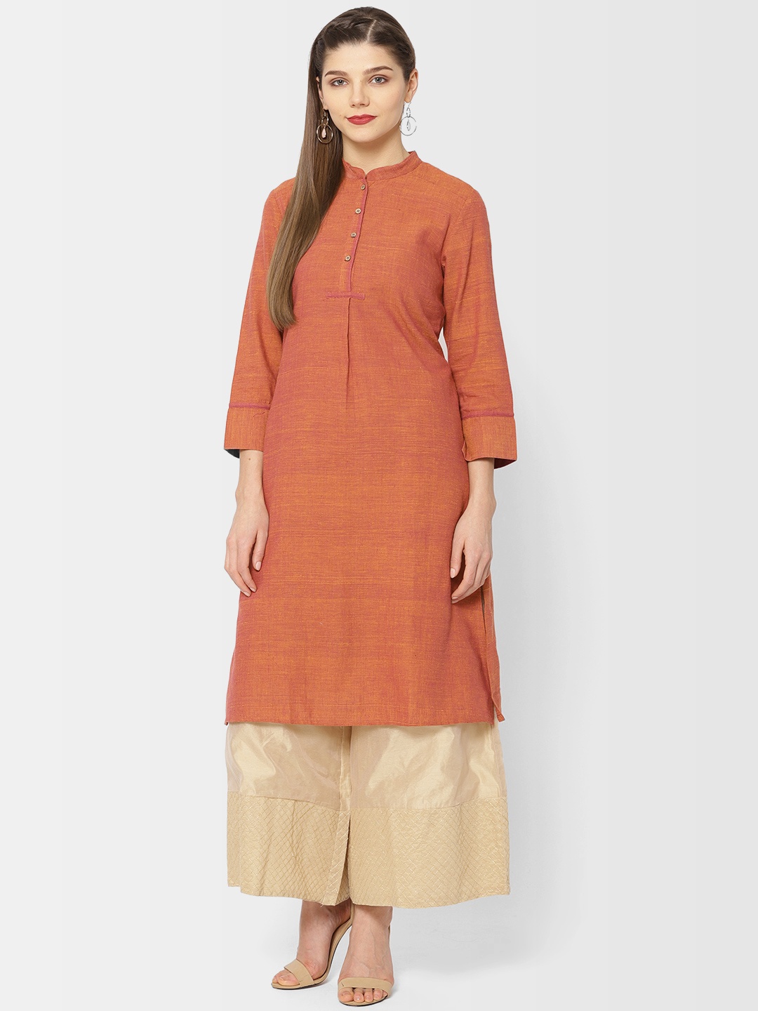 

Fabindia Women Rust Orange Solid Handwoven Straight Kurta