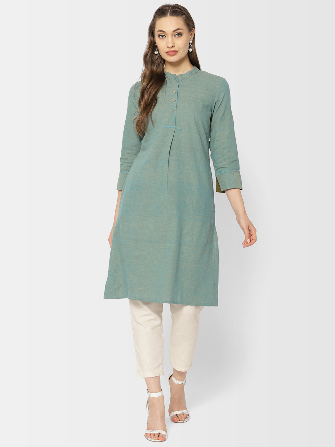 

Fabindia Women Green Solid Slim Fit Handwoven A-Line Kurta