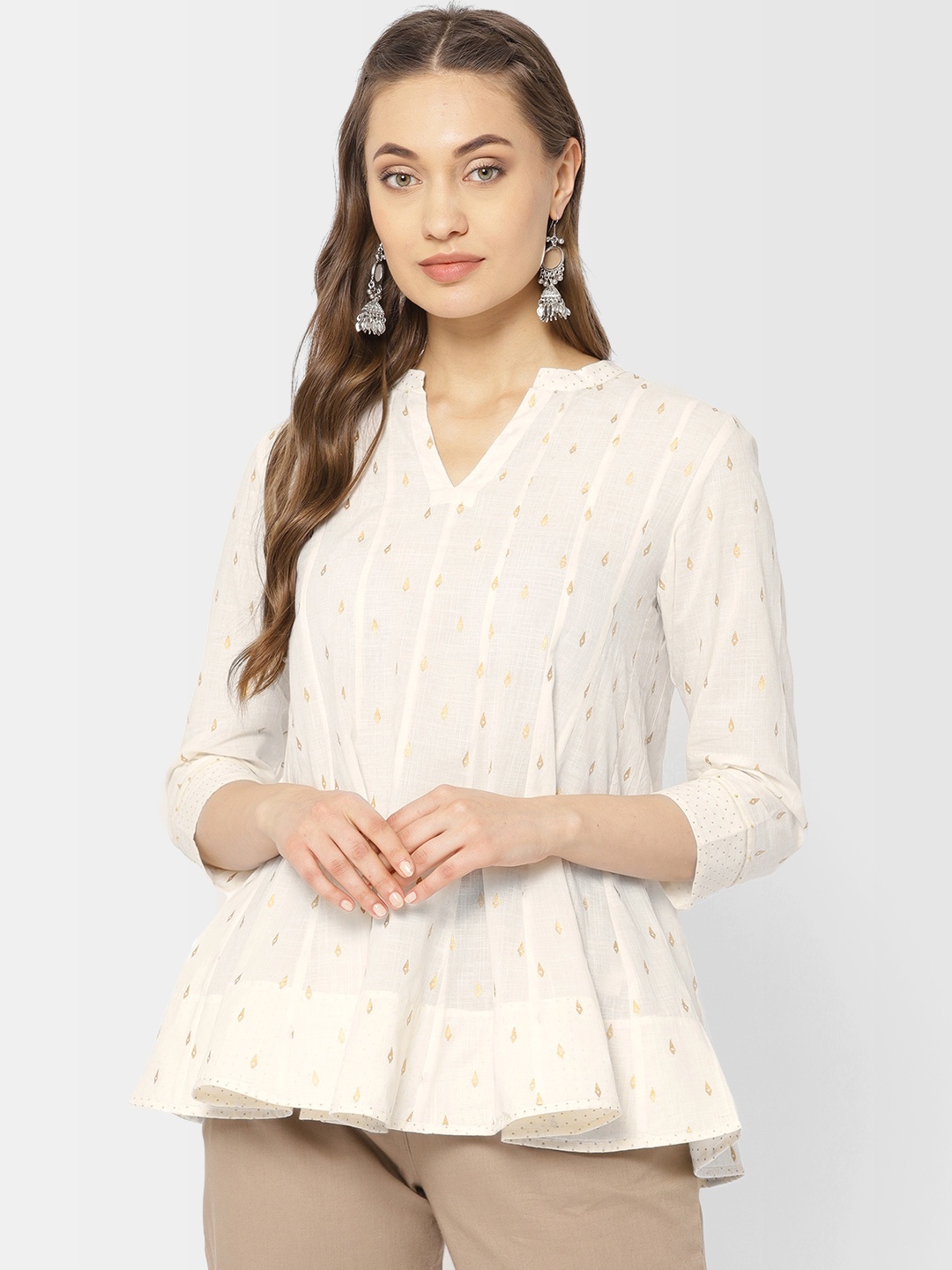 

Fabindia Women Off-White & Golden Printed A-Line Kurti