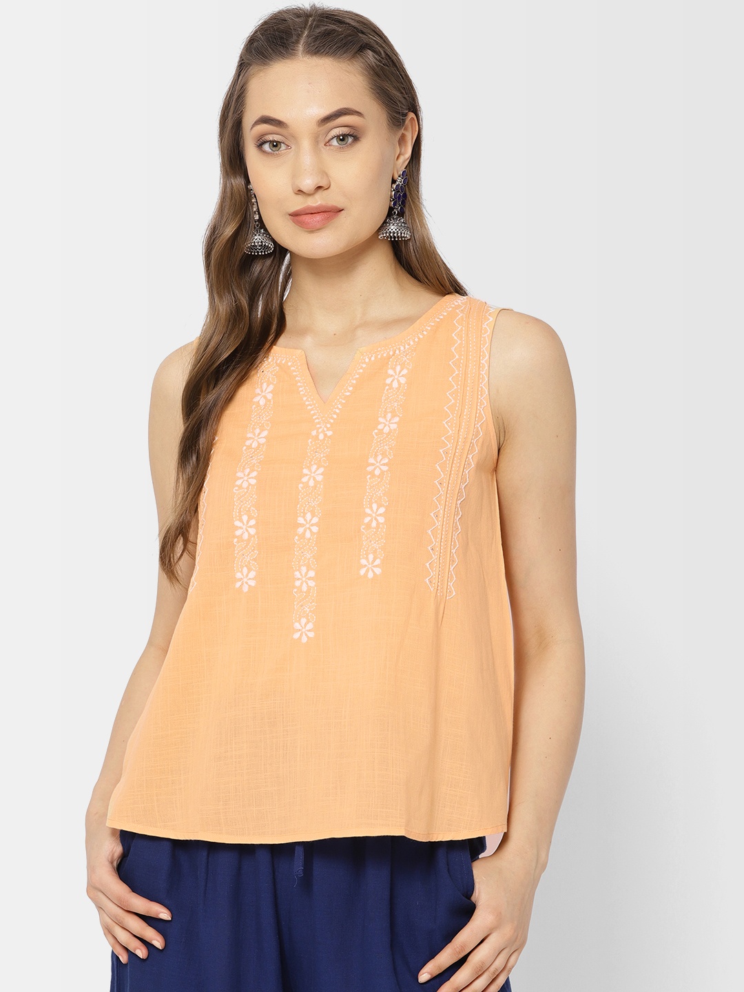 

Fabindia Women Peach-Coloured Solid A-Line Pure Cotton Top